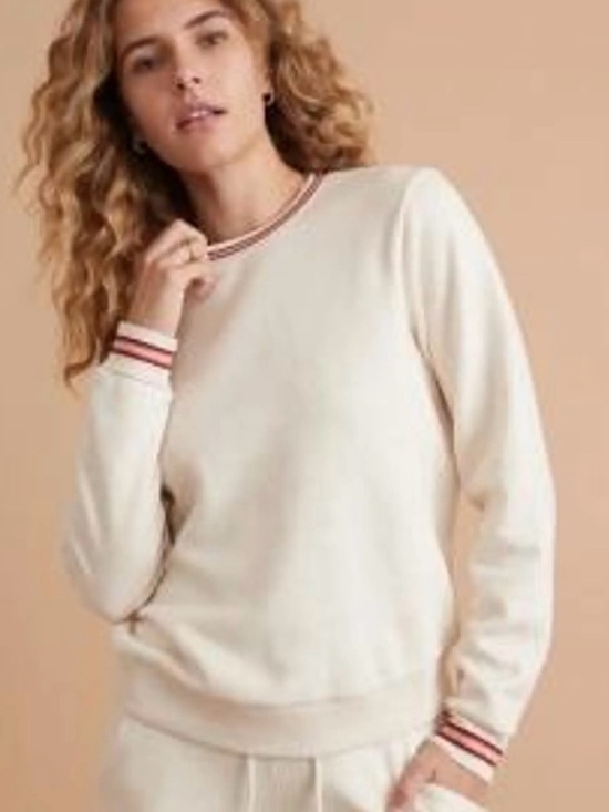 Marine Layer Tops - Marine Layer Oatmeal Crewneck Ringer Sweatshirt, Burgundy/Pink Trim, Pullover, S